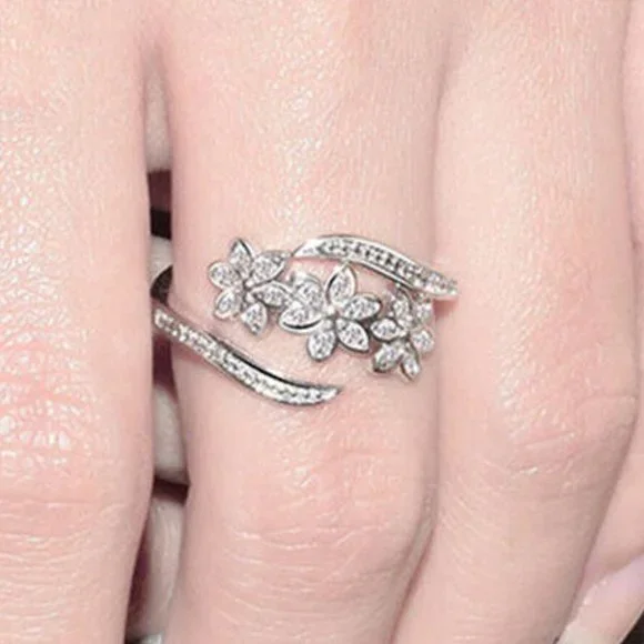 New Sterling Silver CZ Flower Open Ring - Picture 2 of 5